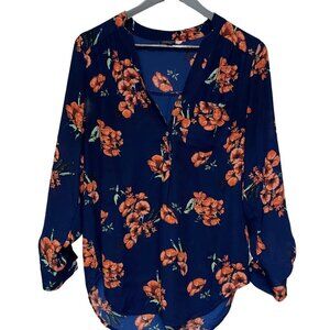 Modcloth Floral Blue Poppy Popover Blouse Top V-Neck Women's Size Small